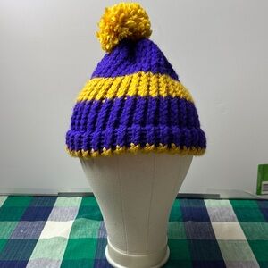 Purple and Yellow Knit Beanie with Pom Pom women’s bin b2